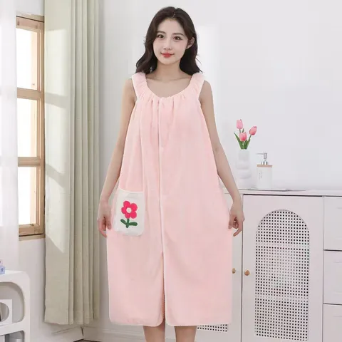 Asciugamano da Bagno Indossabile da Donna Morbido Pile Corallo Accappatoio Assorbente Simpatico Design con Tasca Floreale Spa Doccia Abito da Notte