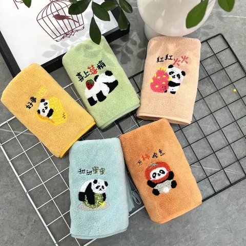 Cartoon Panda Embroidery Coral Fleece Face Towel Soft Absorbent Washcloth Cute Animal Design Home Bathroom Towel