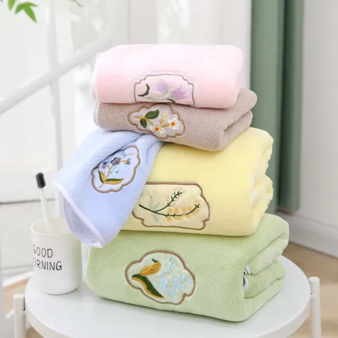 Coral Fleece Towel Set Cartoon Floral Embroidered Face Bath Towel Soft Absorbent Home Bathroom Towels Gift