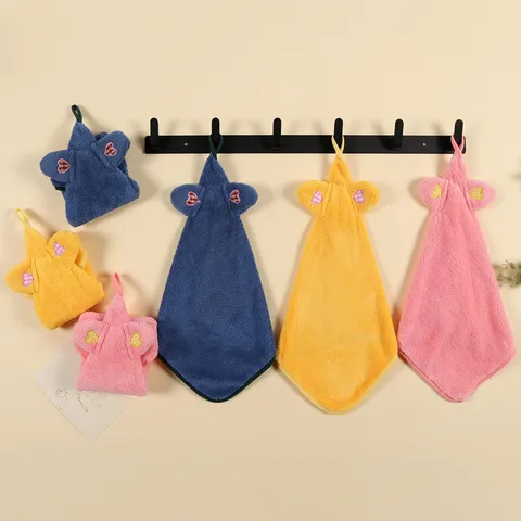Cute Cartoon Coral Fleece Hanging Hand Towel Thickened Absorbent Dishcloth For Kitchen And Bathroom