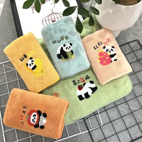 Cartoon Panda Embroidery Coral Fleece Face Towel Soft Absorbent Washcloth Cute Animal Design Home Bathroom Towel