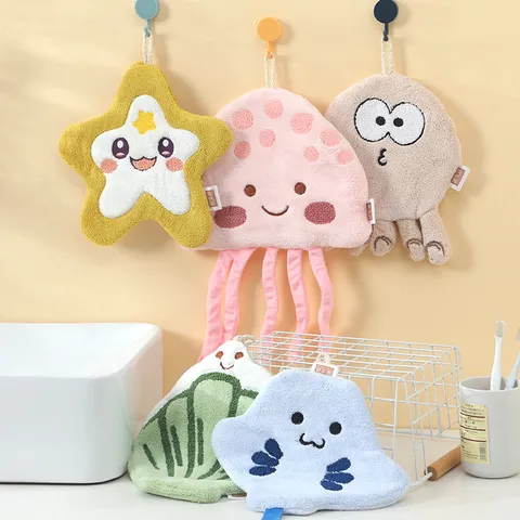 Cute Cartoon Animal Hanging Hand Towel Soft Coral Fleece Absorbent Wipe Cloth Kitchen Bathroom Home Decor