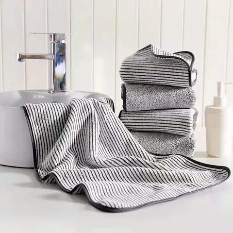 Thickened Coral Fleece Towels Grey and Stripe Face Towels Soft Absorbent Home Bathroom Daily Cleaning