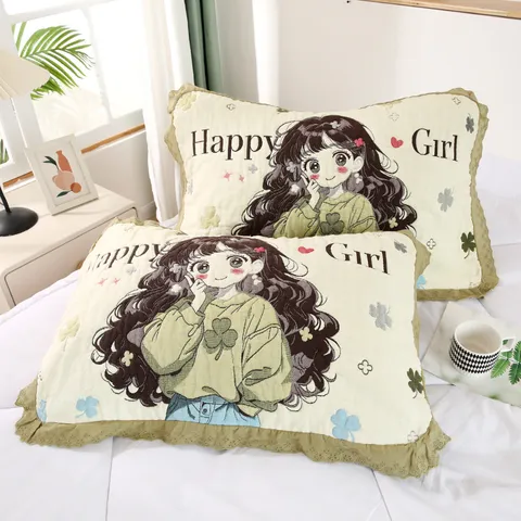 Thickened Eight Layer Cloud Cotton Pillow Towel Lace Trim Cartoon Print Soft Bedding Pillow Sham For Student Dormitory Home