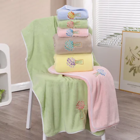 Soft Absorbent Coral Fleece Towel Set With Floral Embroidery Home Bathroom Face And Bath Towels