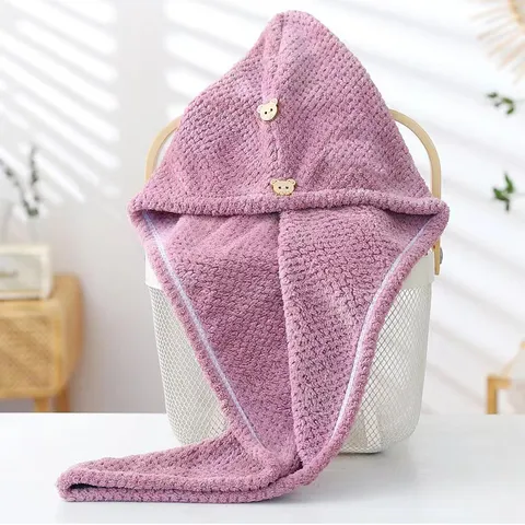 Thickened Pineapple Grid Dry Hair Cap Absorbent Quick Drying Coral Fleece Hair Towel With Bear Button For Home Bathroom