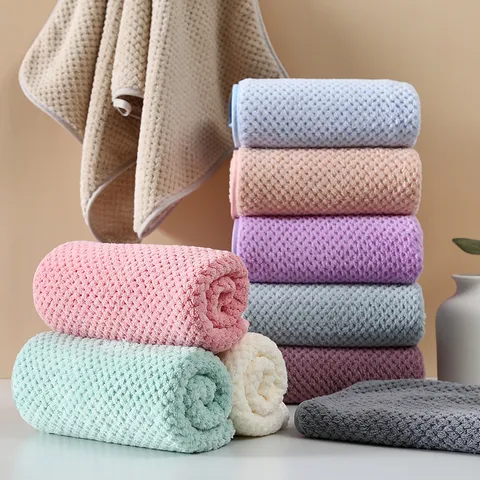 Solid Color Coral Fleece Face Towel Soft Absorbent Grid Pattern Bath Towel Daily Home Bathroom Hand Towel