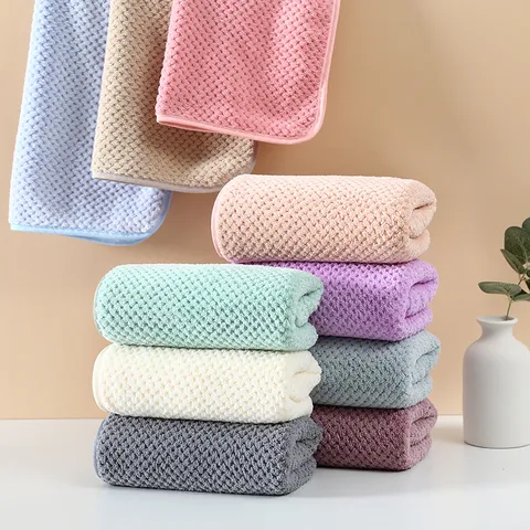 Solid Color Coral Fleece Face Towel Soft Absorbent Grid Pattern Bath Towel Daily Home Bathroom Hand Towel