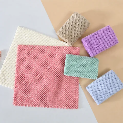 Solid Color Pineapple Grid Coral Fleece Square Towel Soft Absorbent Hand Towel Washcloth For Bathroom Home Daily Cleaning