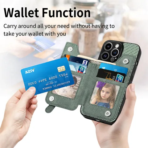 Carbon Fiber Texture TPU Leather Phone Case With Wallet Card Holder Zipper Pocket And Kickstand Drop Resistant Cover