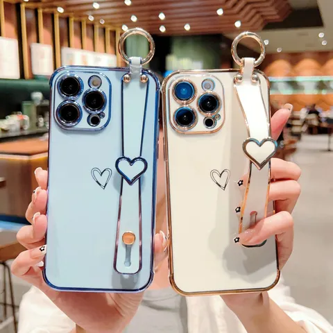 Electroplated Hollow Heart Silicone Phone Case With Wristband Stand Drop-Proof Protective Cover For Smartphone