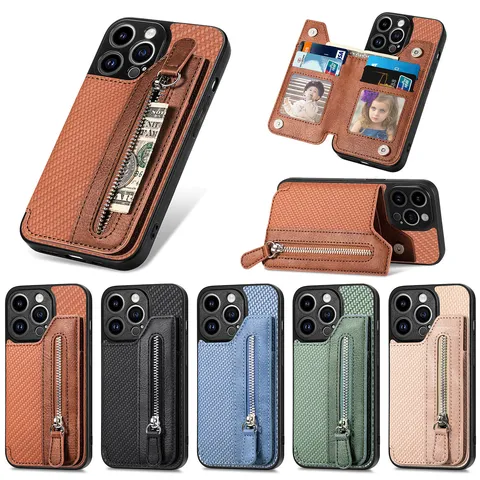 Carbon Fiber Texture TPU Leather Phone Case With Wallet Card Holder Zipper Pocket And Kickstand Drop Resistant Cover