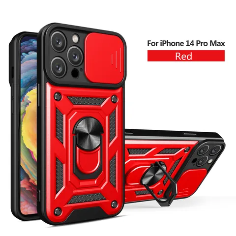 Funda de Teléfono Resistente Armadura Con Ventana Deslizante para Lente de Cámara y Soporte de Anillo Metálico