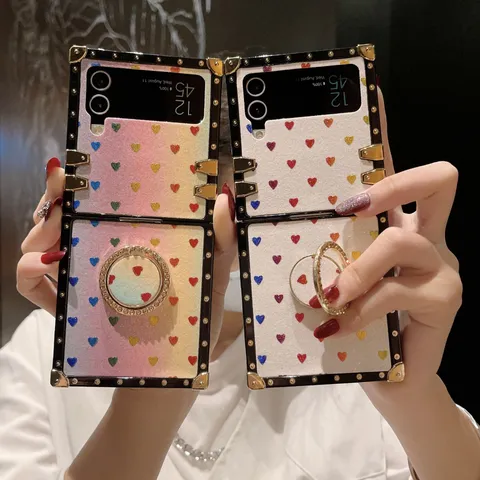 Luxus Glitzer Herz Klappbare Handyhülle Mit Ring Metall-Ecke Schutzhülle Für Samsung Galaxy Z Flip