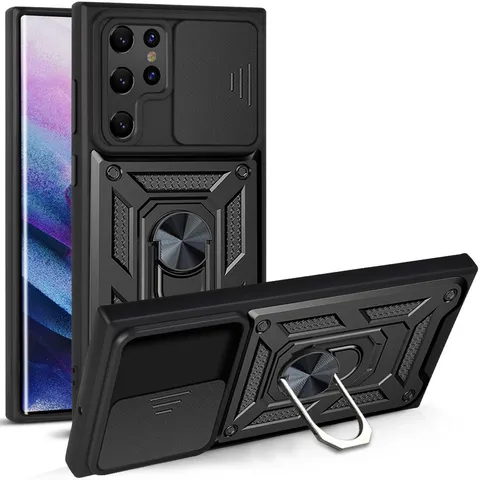 Armor Phone Case For Samsung S22 S23 S24 Ultra Plus Drop Proof TPU Cover With Camera Slide And Ring Holder