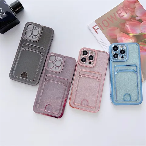 Electroplated TPU Phone Case For 16 Pro Max Silicone Soft Cover With Card Slot And Glitter Paper Drop Proof Mobile Accessories