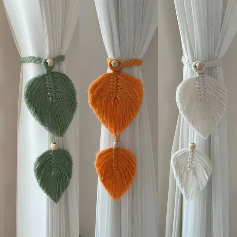 Bohemian Handmade Woven Cotton Rope Curtain Tiebacks Leaf Shape Drapery Holdbacks Tassels Home Decor