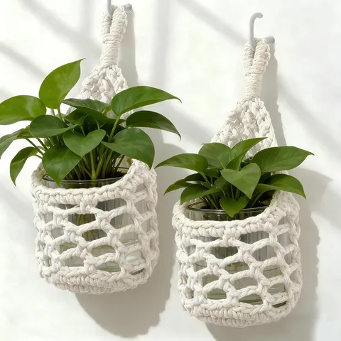 Bohemian Handmade Crochet Cotton Hemp Rope Hanging Basket Net Bag Wall Mounted Plant Vase Storage Organizer Home Decor
