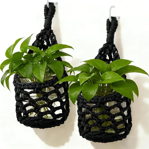 Bohemian Handmade Crochet Cotton Hemp Rope Hanging Basket Net Bag Wall Mounted Plant Vase Storage Organizer Home Decor