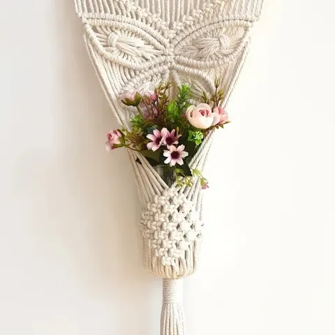 Cesta de planta de tapiz de algodón tejido a mano bohemio decoración para colgar en la pared con palo de madera flecos de borla decoración del hogar bohemia