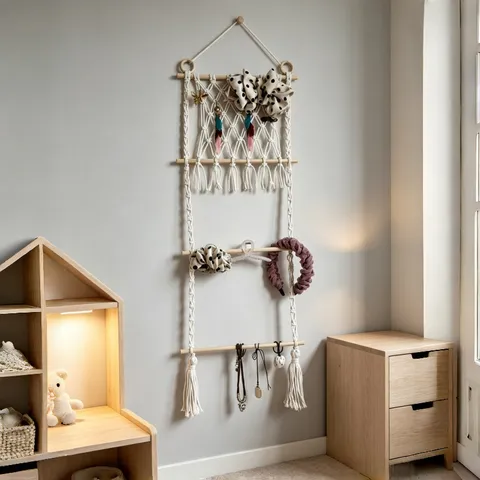 Handmade Cotton Rope Wooden Hanging Headband Hair Bow Storage Rack Tassel Wall Organizer For Kids Room Home Decor