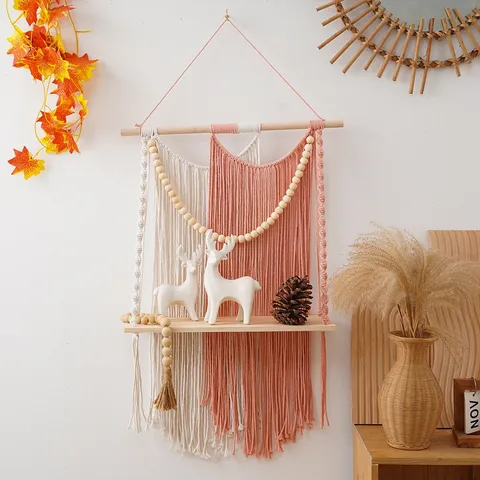 Nordic Woven Tapestry Wall Shelf Cotton Rope Hanging Storage Rack With Wooden Board For Living Room Bedroom Home Decor
