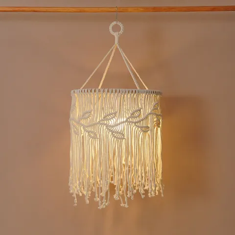 Handmade Cotton Rope Macrame Lampshade Bohemian Boho Chandelier Light Cover Woven Fringe Pendant Light Home Decor