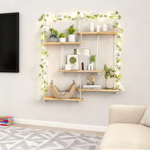 Bohemian Wooden Hanging Shelf Multi Tier Wall Mounted Plant Storage Rack With Jute Rope Room Decor Floating Shelves