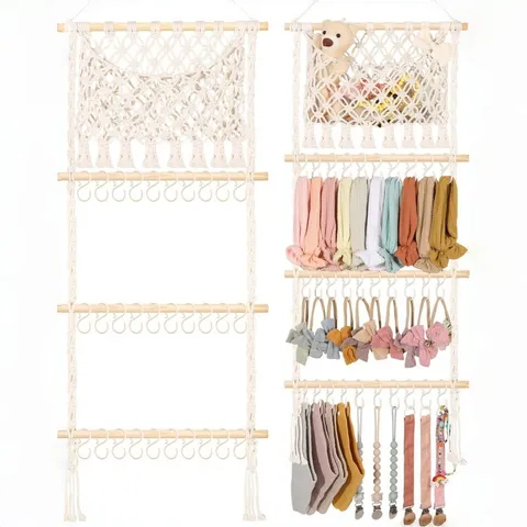 Wall Hanging Headband Holder Hair Bow Organizer Wooden Cotton Rope Storage Rack For Girls Room Hair Accessories Display