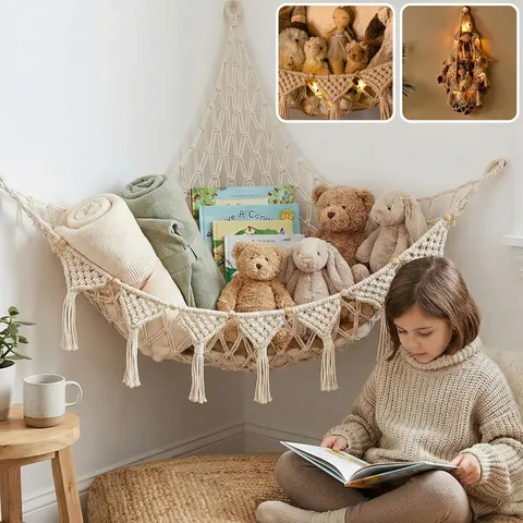Bohemian Handwoven Toy Hammock For Stuffed Animals Corner Hanging Storage Net Cotton Rope Macrame Nursery Room Decor