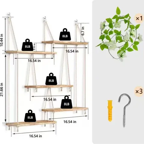 Bohemian Wooden Hanging Shelf Multi Tier Wall Mounted Plant Storage Rack With Jute Rope Room Decor Floating Shelves