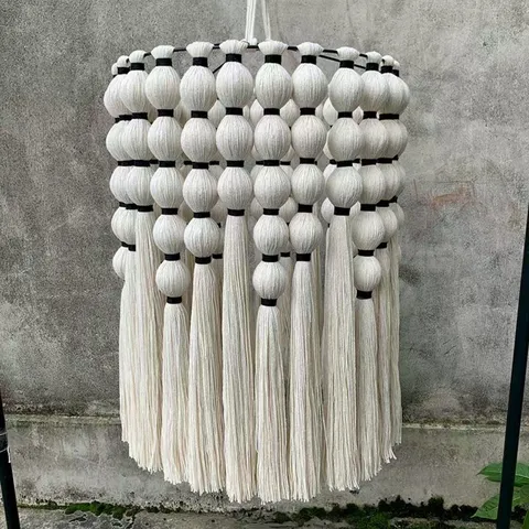 Nordic Bohemian Hand-Woven Cotton Rope Lampshade Tassel Pendant Light Cover Minimalist Hanging Lighting Fixture Decor