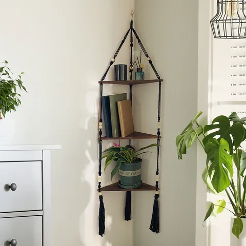 Bohemian Handmade Woven Cotton Rope Corner Wall Hanging Storage Rack Wooden Floating Shelves For Home Decor Room Organizer