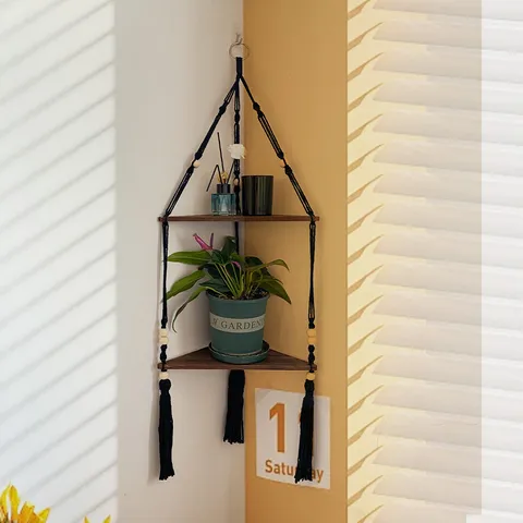 Bohemian Handmade Woven Cotton Rope Corner Wall Hanging Storage Rack Wooden Floating Shelves For Home Decor Room Organizer
