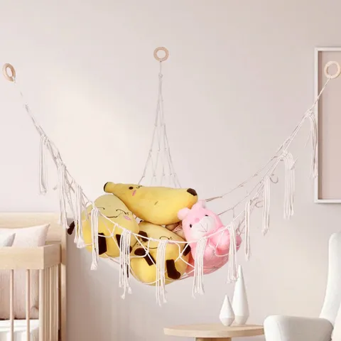 Bohemian Hand Woven Toy Hammock Cotton Macrame Triangular Toy Net Storage Organizer For Kids Room Nursery