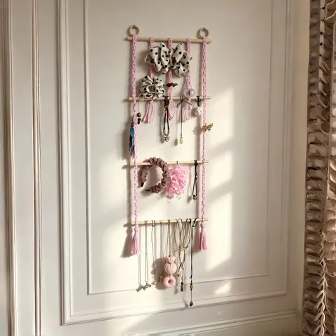 Handmade Cotton Rope Wooden Hanging Headband Hair Bow Storage Rack Tassel Wall Organizer For Kids Room Home Decor