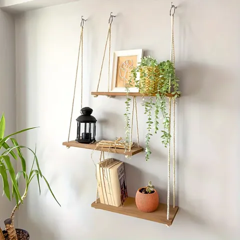 Solid Wood Wall Mounted Hanging Rope Storage Shelf Multi Layer Floating Shelves For Living Room Bedroom Bathroom Home Decor