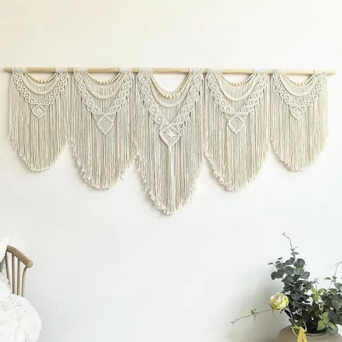Handmade Woven Cotton Tapestry Bohemian Wall Hanging Decor With Wooden Stick Tassels For Living Room Bedroom
