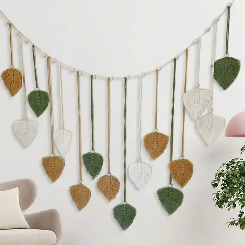 Handmade Woven Leaf Tassel Tapestry Nordic Style Cotton Wall Hanging With Wood Beads For Living Room Bedroom Home Decor