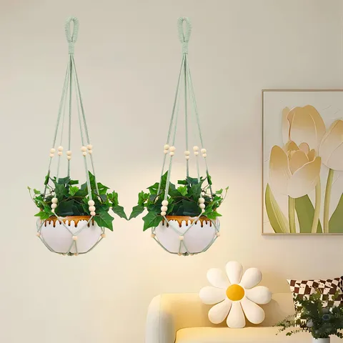 Colgador de Plantas Tejido a Mano Cesta Colgante de Cuerda de Poliéster Boho para Interior y Exterior Decoración de Pared de Jardín en el Hogar