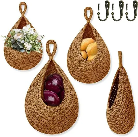 Handgewebtes Baumwoll-Jute-Hänge-Obst-Gemüse-Korb-Set Wandmontierte Aufbewahrungskörbe für Küche Zwiebel Kartoffel Knoblauch