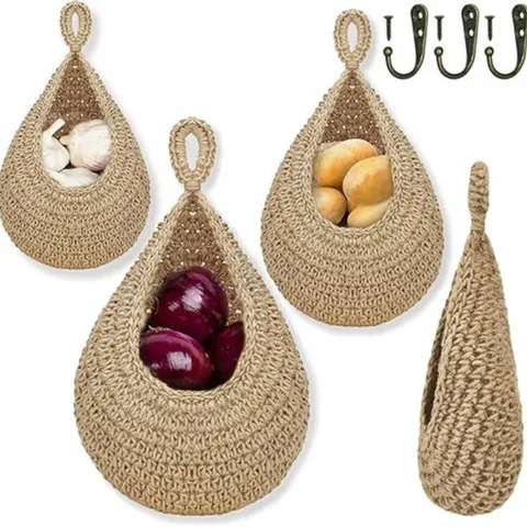 Handgewebtes Baumwoll-Jute-Hänge-Obst-Gemüse-Korb-Set Wandmontierte Aufbewahrungskörbe für Küche Zwiebel Kartoffel Knoblauch