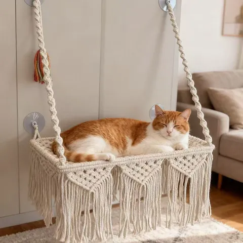 Bohemian Woven Cat Hammock Cotton Rope Hanging Cat Bed With Strong Glass Suction Cups Pet Resting Window Perch Supplies