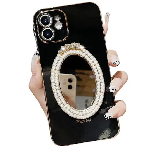 Luxus Galvanisiert Silikon Handyhülle Mit Schminkspiegel Künstliche Perle Strass Voller Schutz Hülle Für iPhone