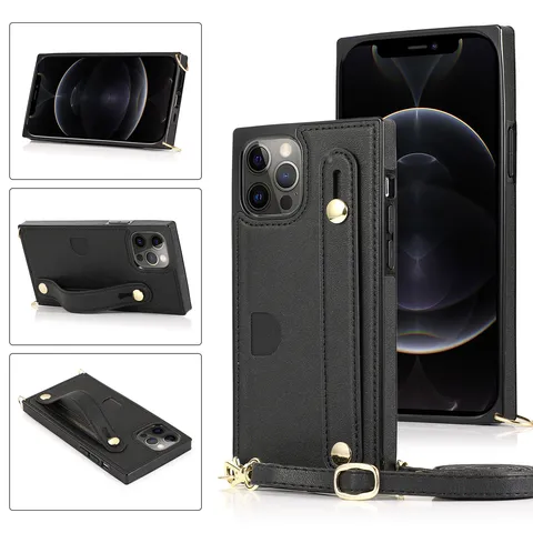 Funda de Teléfono con Portatarjetas y Cordón Cruzado Cubierta de Cartera de Cuero PU Con Correa para el Cuello Para iPhone 16 Pro Max Samsung S24 FE S25 Ultra