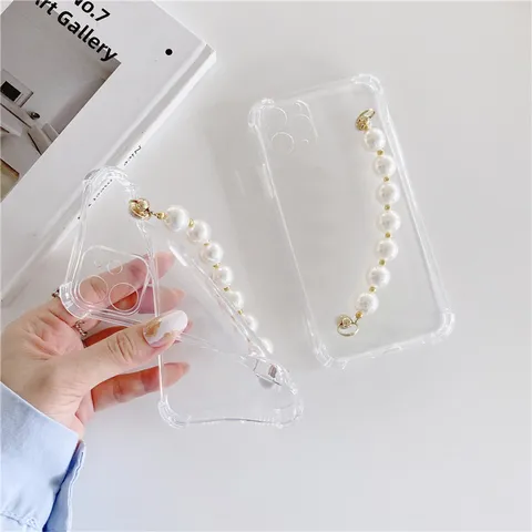 Transparent Silicone Shockproof Phone Case With Artificial Pearl Bracelet Wrist Strap Clear Protective Cover For Apple iPhone