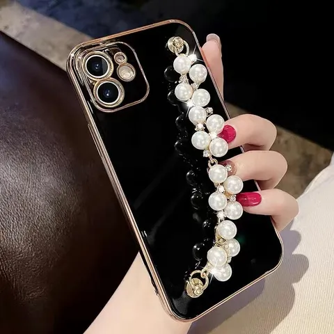 Electroplated Silicone Phone Case With Artificial Pearl Rhinestone Wrist Strap Chain Full Coverage Shockproof Back Cover
