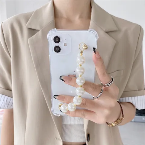 Transparent Silicone Shockproof Phone Case With Artificial Pearl Bracelet Wrist Strap Clear Protective Cover For Apple iPhone