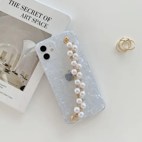 Luxury Acrylic Shell Texture Phone Case With Artificial Pearl Rhinestone Bracelet Shockproof Protective Back Cover For iPhone Series Women