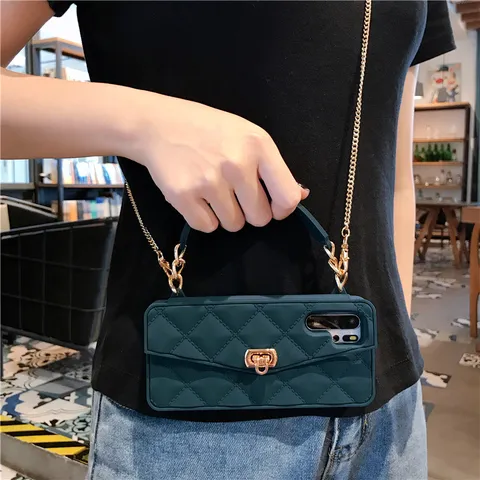Funda de Teléfono Cruzada con Cadena Estilo Euro-Americano para iPhone Patrón de Diamantes Cubierta Trasera de Silicona Con Correa de Cadena de Metal Estilo Bolso Mujer